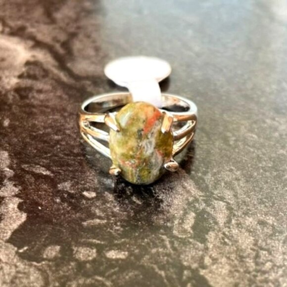 Unakite Jasper Ring Size 8.5 on Silver Plated Band for Men or Women - Picture 2 of 12